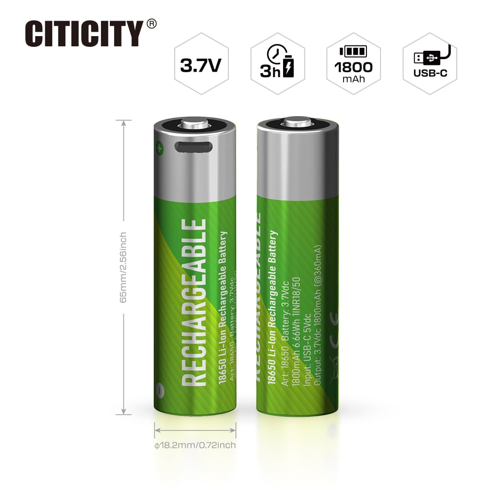 CITICITY 18650 2000mAh Type-C Rechargeable Li-ion Battery – Green Edition