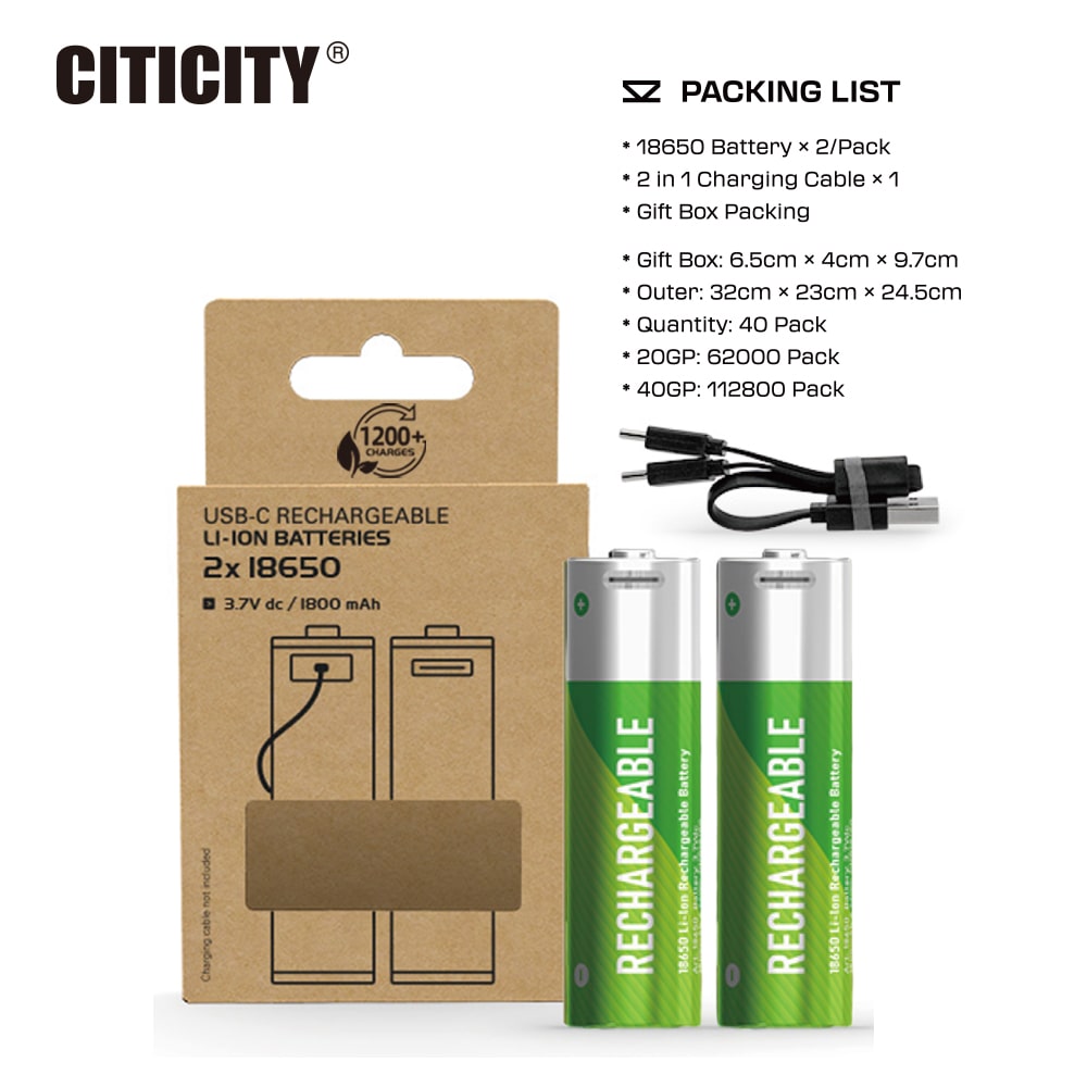 CITICITY 18650 2000mAh Type-C Rechargeable Li-ion Battery – Green Edition