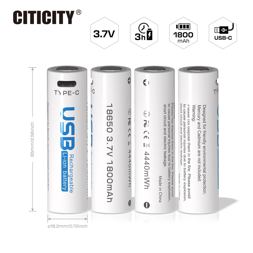 CITICITY 18650 2000mAh Type-C Rechargeable Li-ion Battery – White Edition