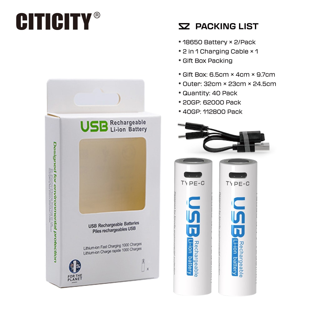 CITICITY 18650 2000mAh Type-C Rechargeable Li-ion Battery – White Edition