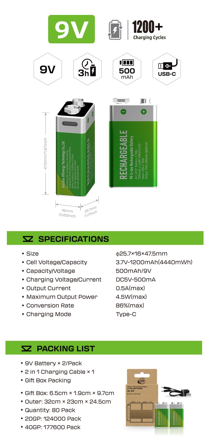 6F22 / 9V rechargeable Li-ion battery Green Edition detail image 1