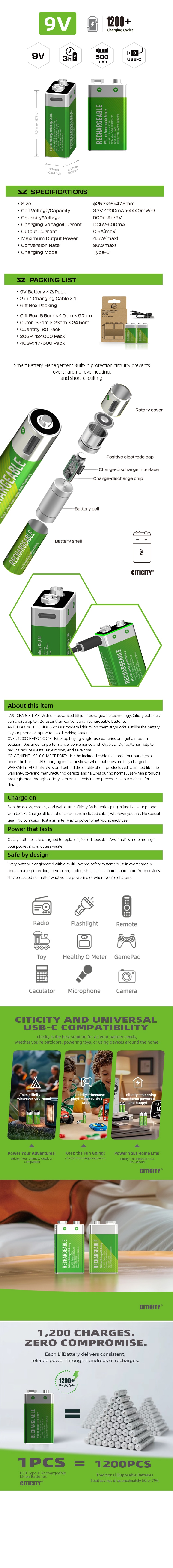 6F22 / 9V rechargeable Li-ion battery Green Edition detail image 6