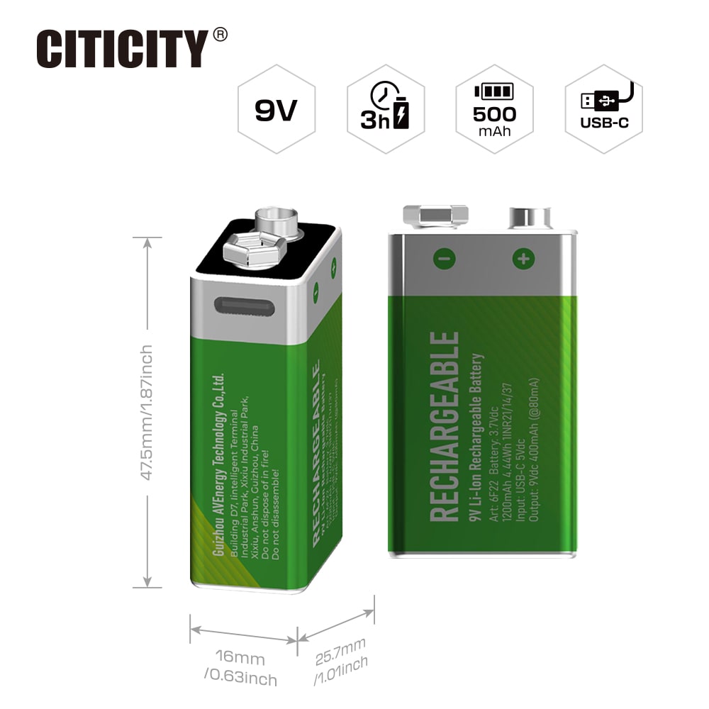 CITICITY 9V 400mAh Type-C Rechargeable Li-ion Battery – Green Edition