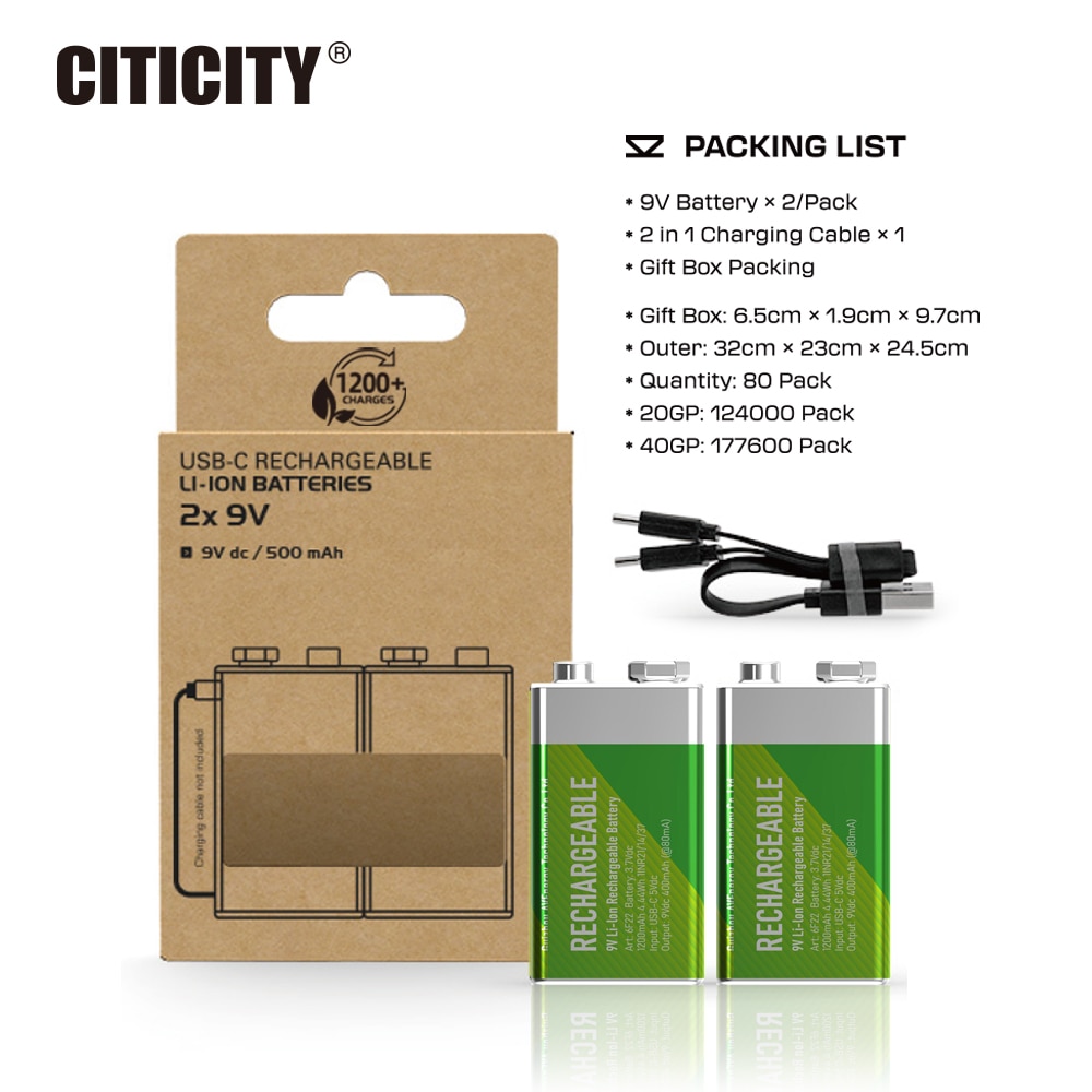 CITICITY 9V 400mAh Type-C Rechargeable Li-ion Battery – Green Edition