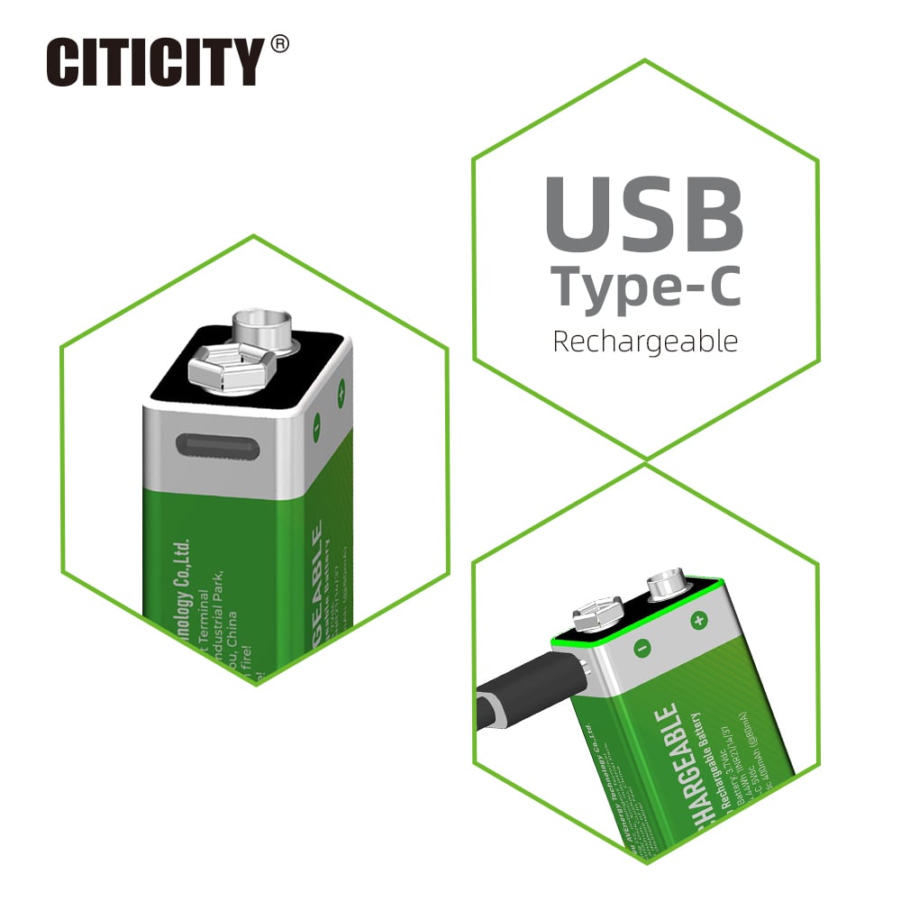 CITICITY 9V 400mAh Type-C Rechargeable Li-ion Battery – Green Edition