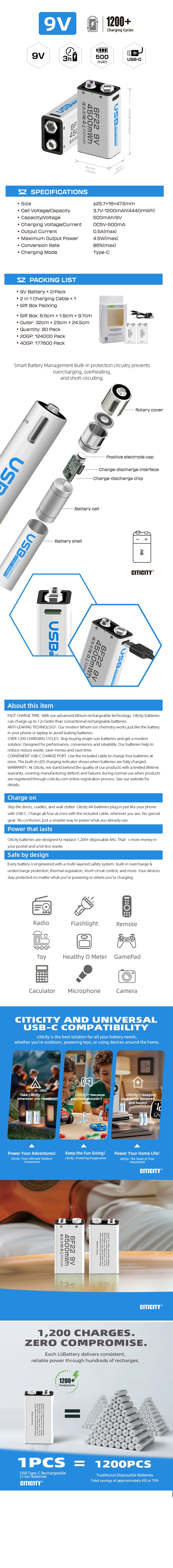6F22 / 9V rechargeable Li-ion battery White Edition detail image 1