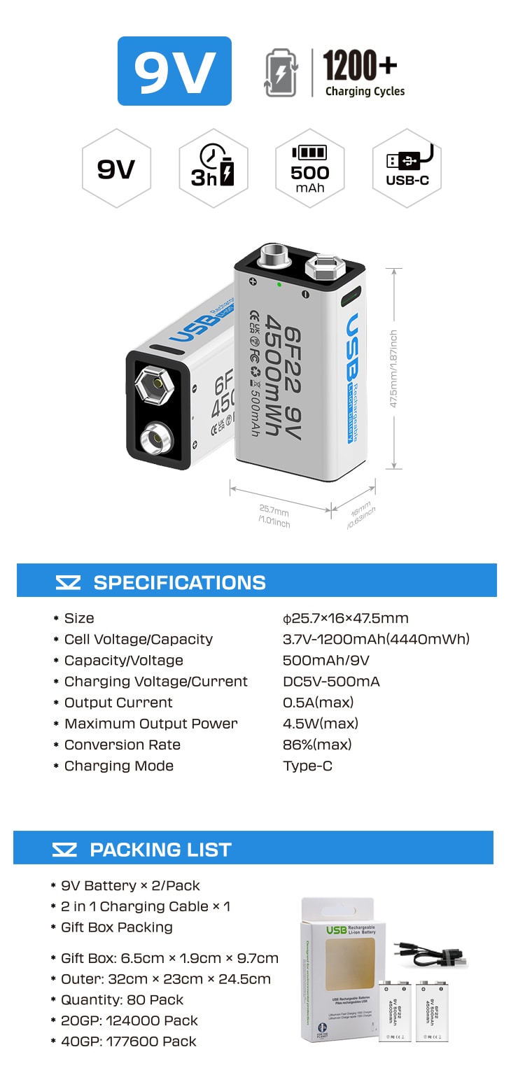 6F22 / 9V rechargeable Li-ion battery White Edition detail image 2