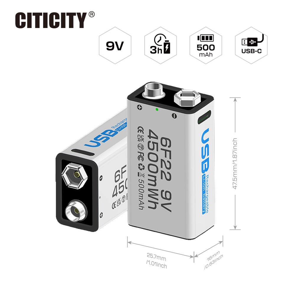 CITICITY 9V 400mAh Type-C Rechargeable Li-ion Battery – White Edition