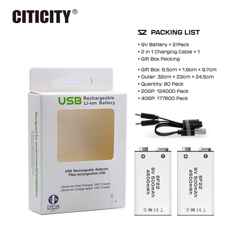 CITICITY 9V 400mAh Type-C Rechargeable Li-ion Battery – White Edition