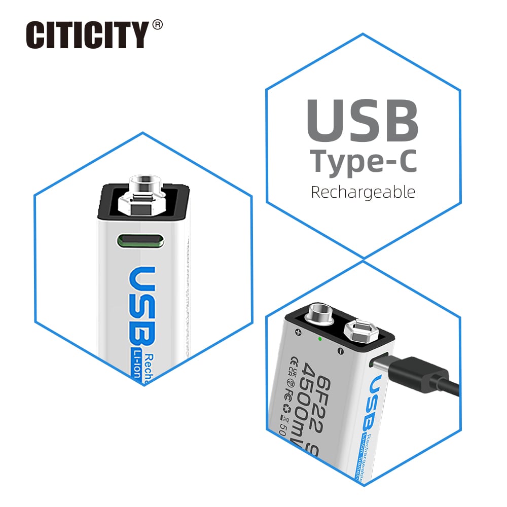 CITICITY 9V 400mAh Type-C Rechargeable Li-ion Battery – White Edition