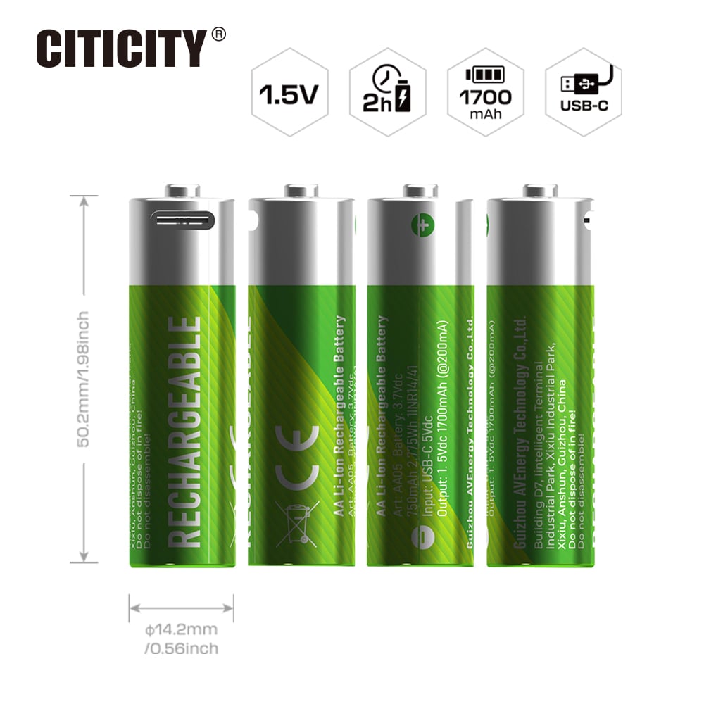 CITICITY AA 1700mAh Type-C Rechargeable Li-ion Battery – Green Edition
