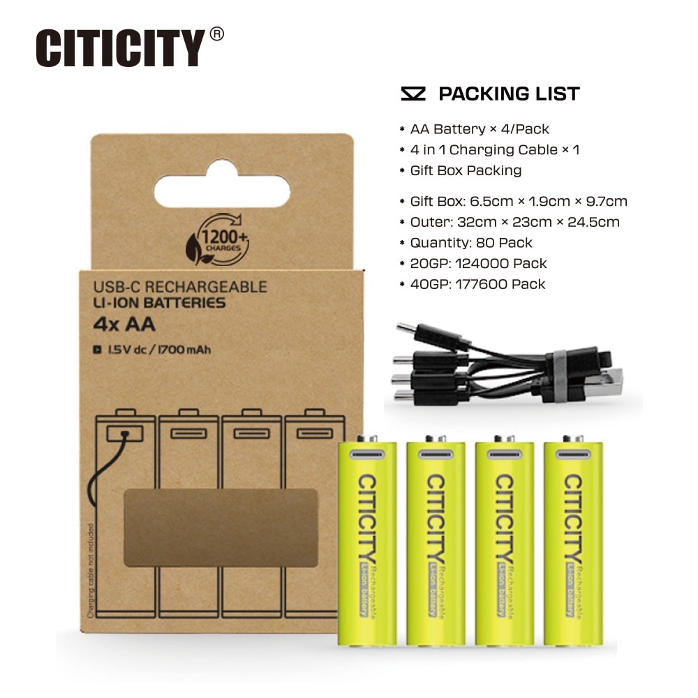 CITICITY AA Max 2200mAh Type-C Rechargeable Li-ion Battery