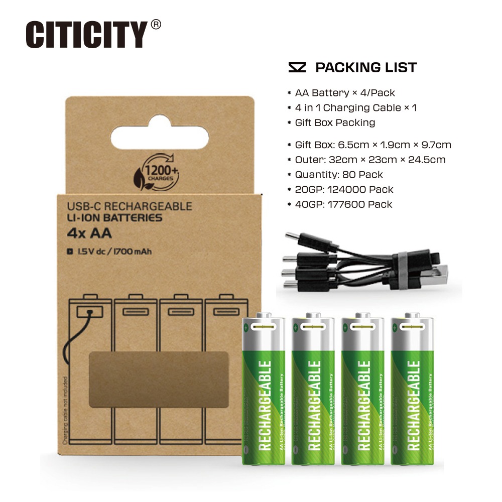 CITICITY AA Max 2200mAh Type-C Rechargeable Li-ion Battery – Green Edition