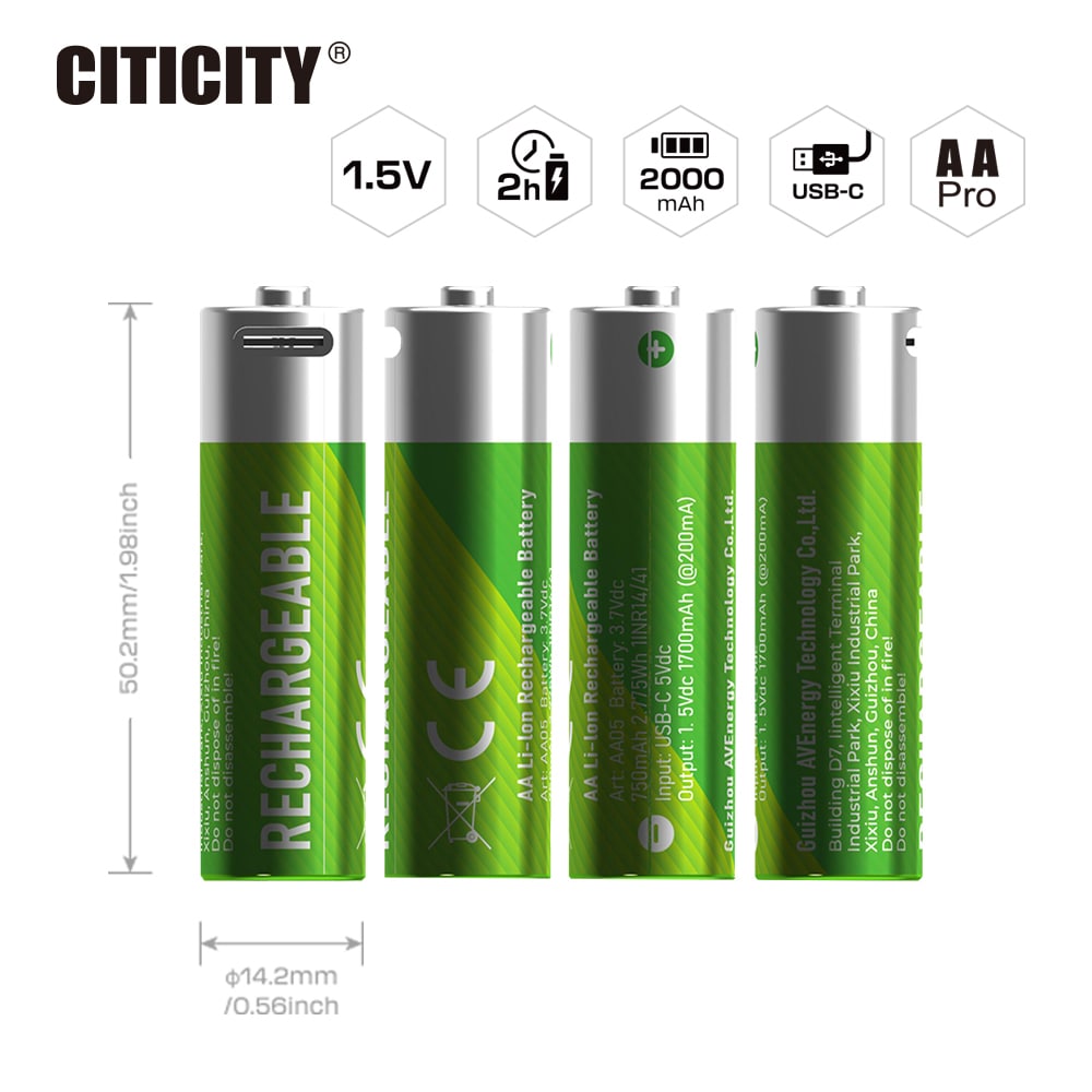CITICITY AA Pro 2000mAh Type-C Rechargeable Li-ion Battery – Green Edition