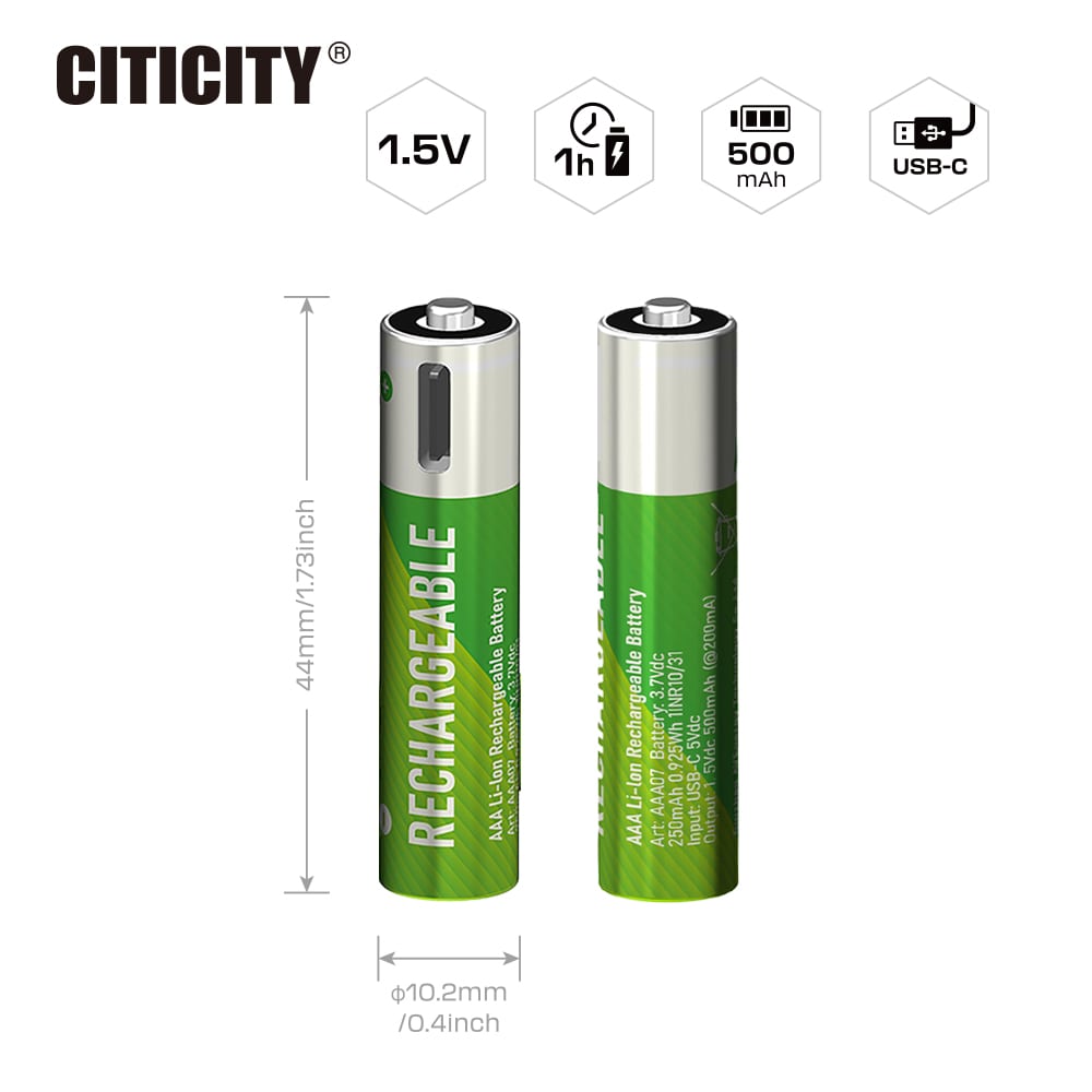 CITICITY AAA 500mAh Type-C Rechargeable Li-ion Battery – Green Edition