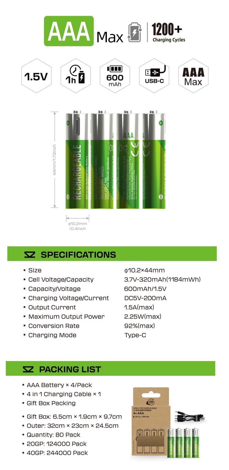 AAA Max rechargeable Li-ion battery Green Edition detail image 1