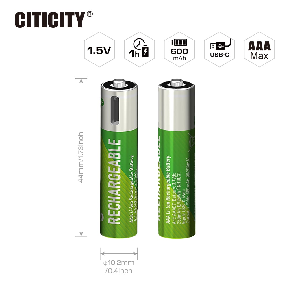 CITICITY AAA Max 600mAh Type-C Rechargeable Li-ion Battery – Green Edition