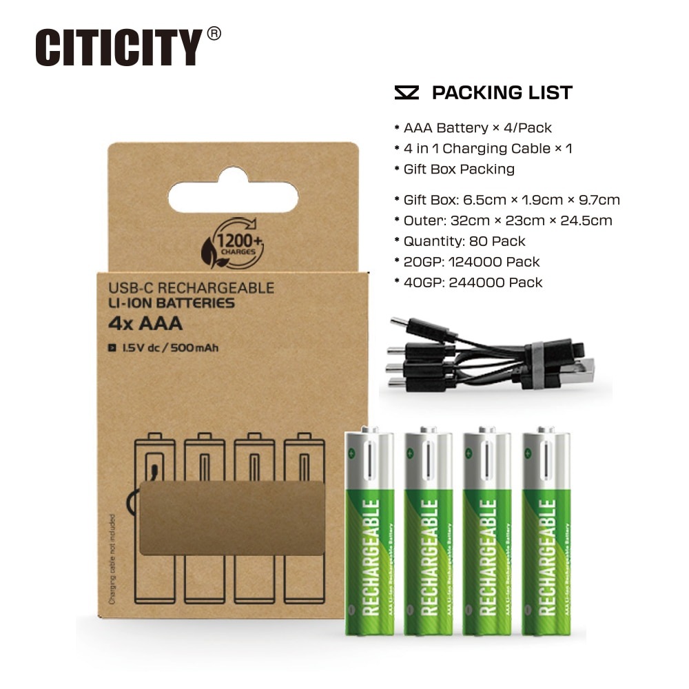 CITICITY AAA Pro 600mAh Type-C Rechargeable Li-ion Battery – Green Edition